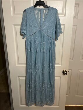 Light Blue Embroidered Maxi Dress - Women's